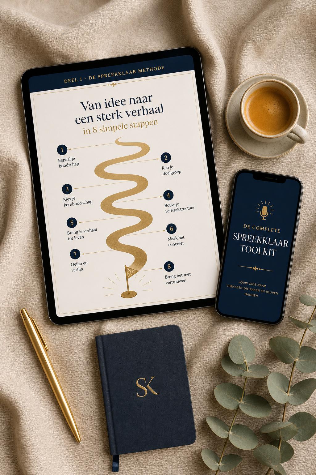 De Spreekklaar Toolkit op tablet en telefoon, met koffie, pen en notitieboek